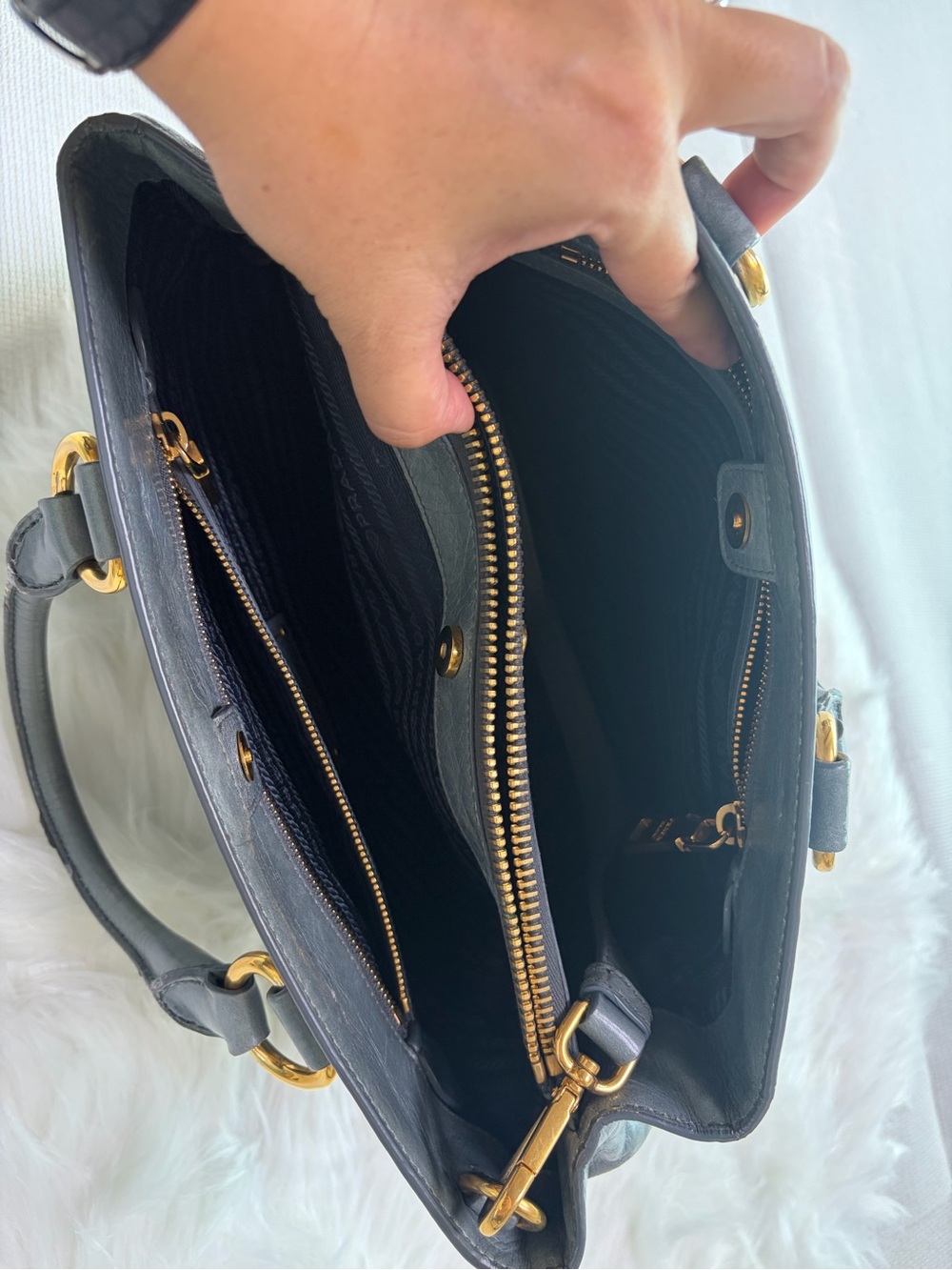 Prada Metallic Gray Leather Shoulder Bag with Gold Hardware - Picture 14 of 17
